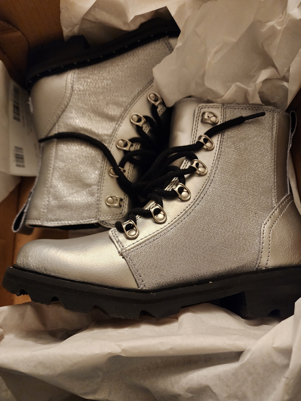 Sorel Silver Lace-Up Combat Boots with Black Laces